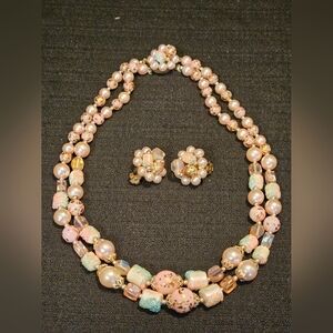 Vintage Signed Japan Pink/Blue Sugar Beaded  Necklace & Clip Earring Set